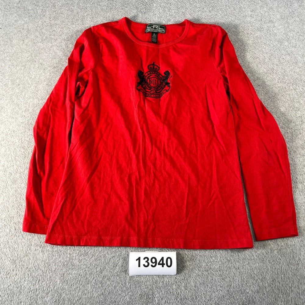 L-RL Ralph Lauren Active Shirt Womens Medium Red Cotton Embroidered Crew Neck
